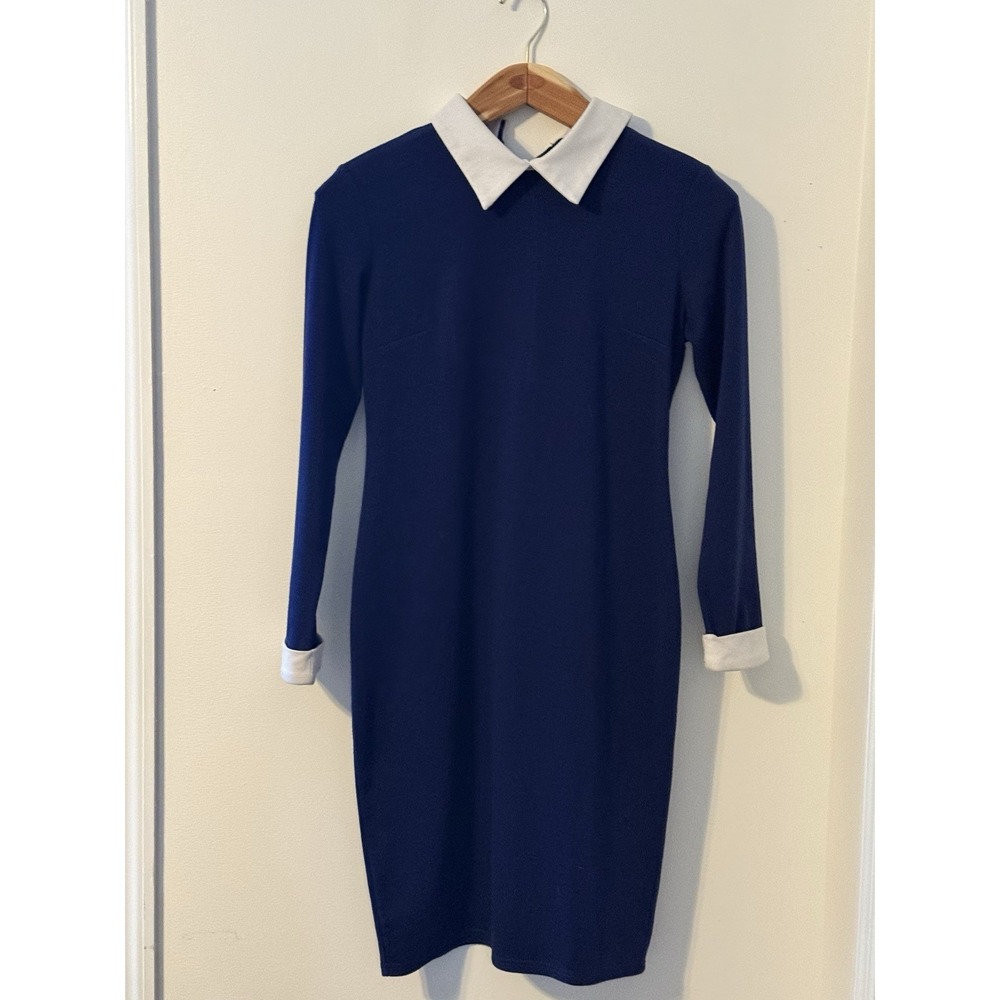 HOMEYEE Blue White Collared Sheath Dress Knee Length Long Slv XL‎ Classic Preppy